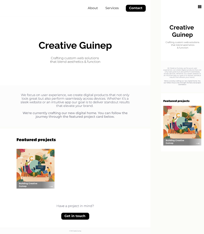 The first version of the site on desktop and mobile: a plain white, monochrome layout