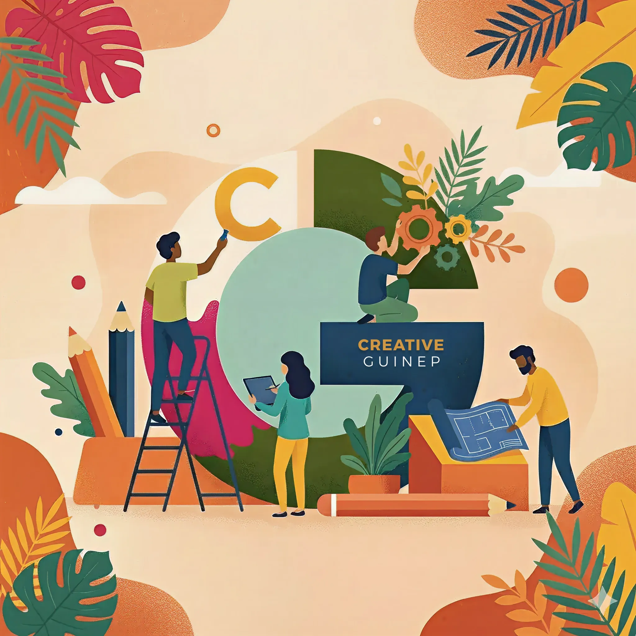 Illustration of the Creative Guinep team building the studio brand