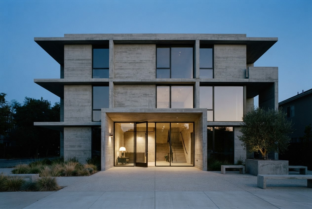 Modern concrete house at dusk with its lights on